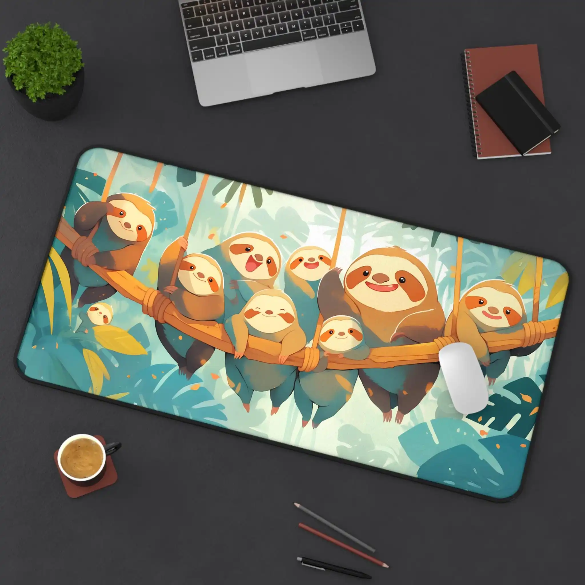 Cute Lazy Family Office Mat Kawaii Jungle Animal Game Mouse Pad Large Desk Pad Happy Sloths Tree Branch Tropical Mouse Pad