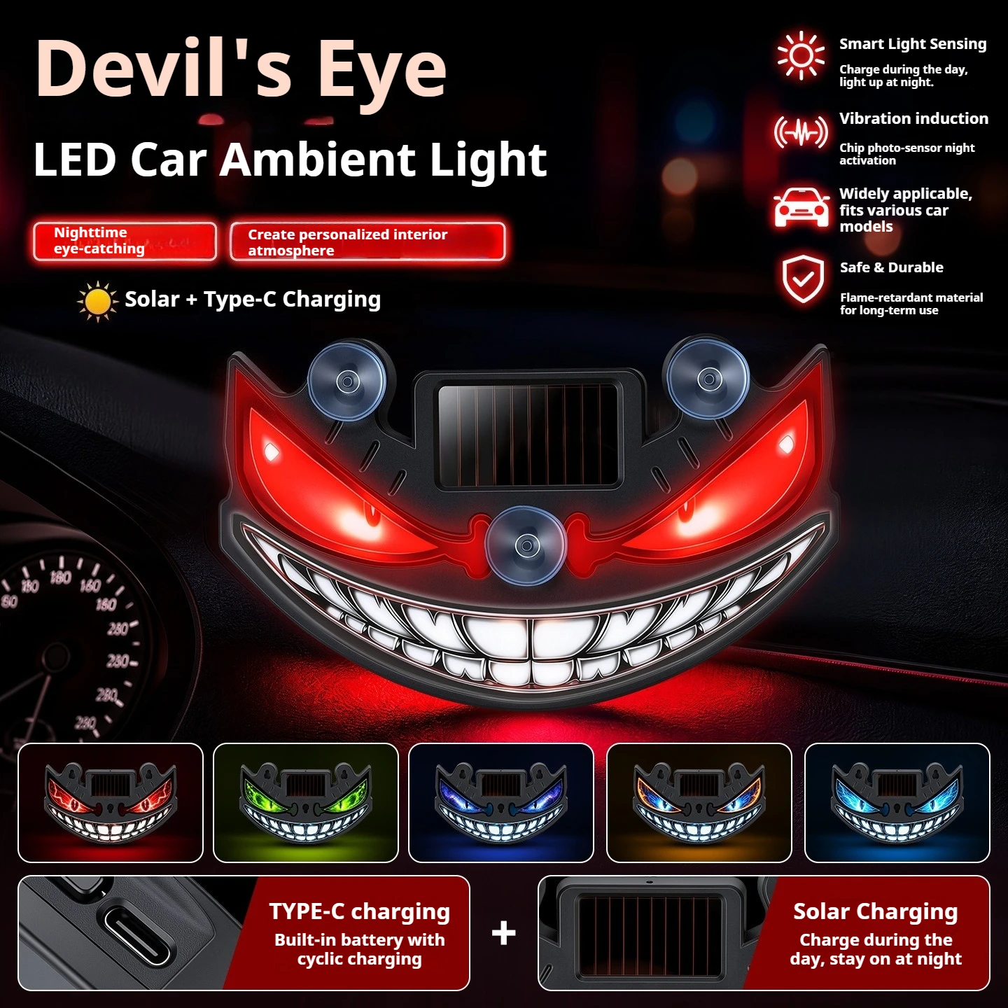LED Blinking Dynamic Eye Light Car Devil's Eye Rear Window Solar Warning Light Rechargeable with Suction Cup Decorative Light