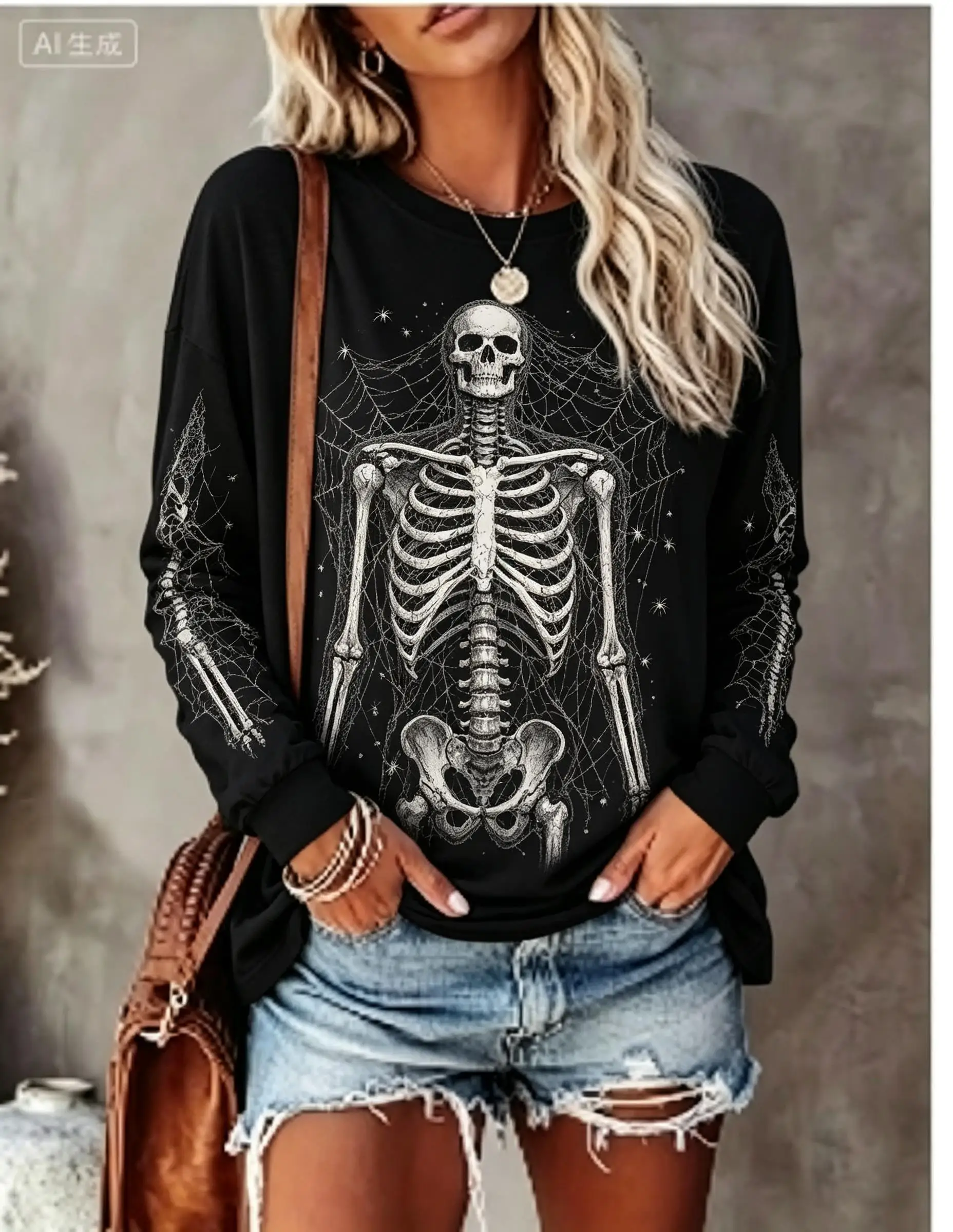 Women Halloween Long Sleeve T‑Shirt Full Body Skeleton Bone Gothic Print Crew Neck Tops