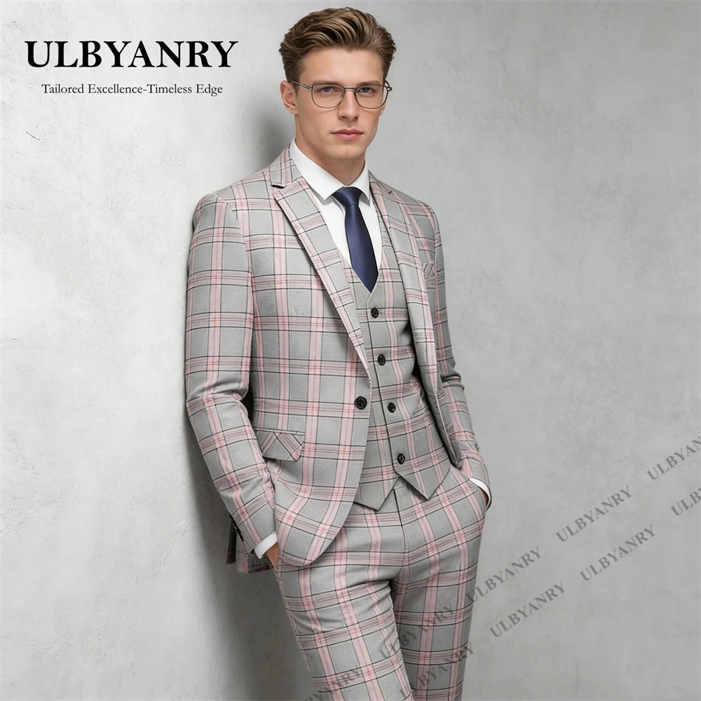 

ULBYANRY Grey Pink Plaid Suit Set for Men, Three Piece Formal Suit Jacket Waistcoat Pants Business Tuxedo M-6XL Kids Graduation