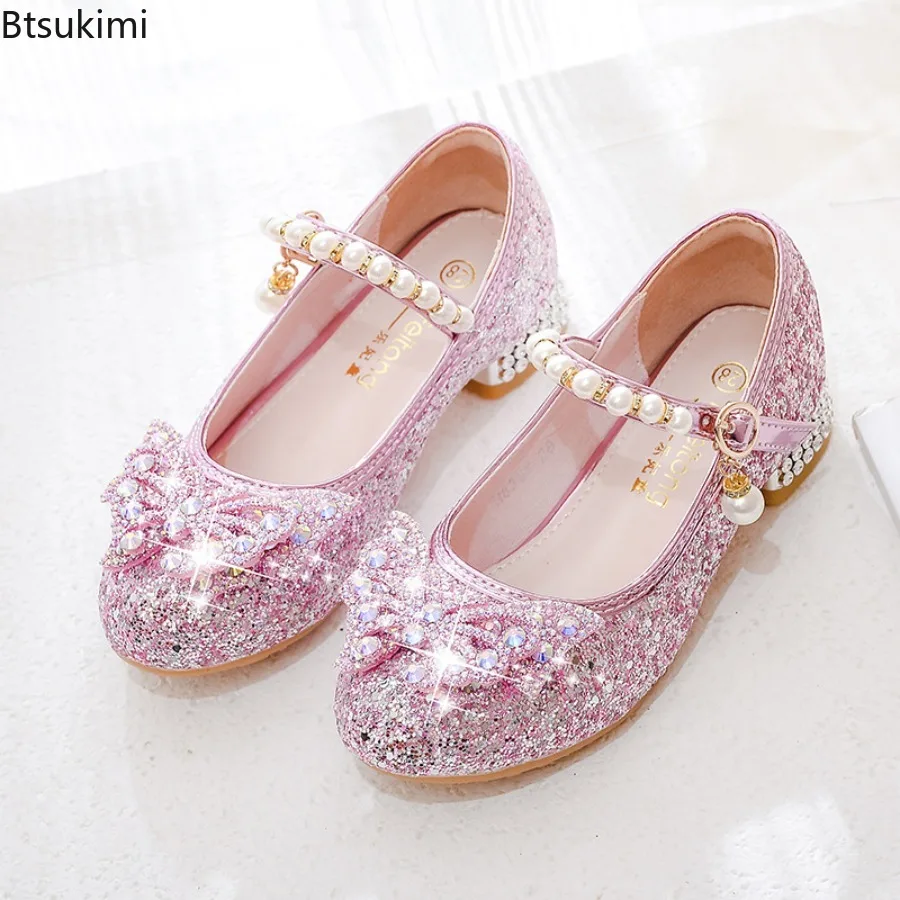 

Princess Kids Leather Shoes for Girls Flower Fashion Casual Glitter Children High Heel Shoes Butterfly Knot Blue Pink Silver
