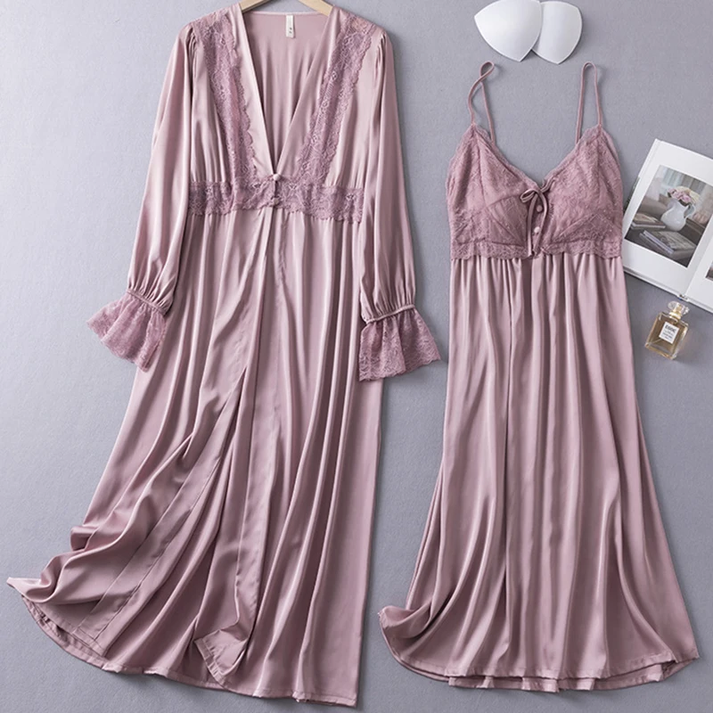 Women 2PCS Robe Set Spring Summer Satin Kimono Bathrobe Gown Sexy Patchwork Lace Nightgown Sleepwear Loose Home Dress Loungewear