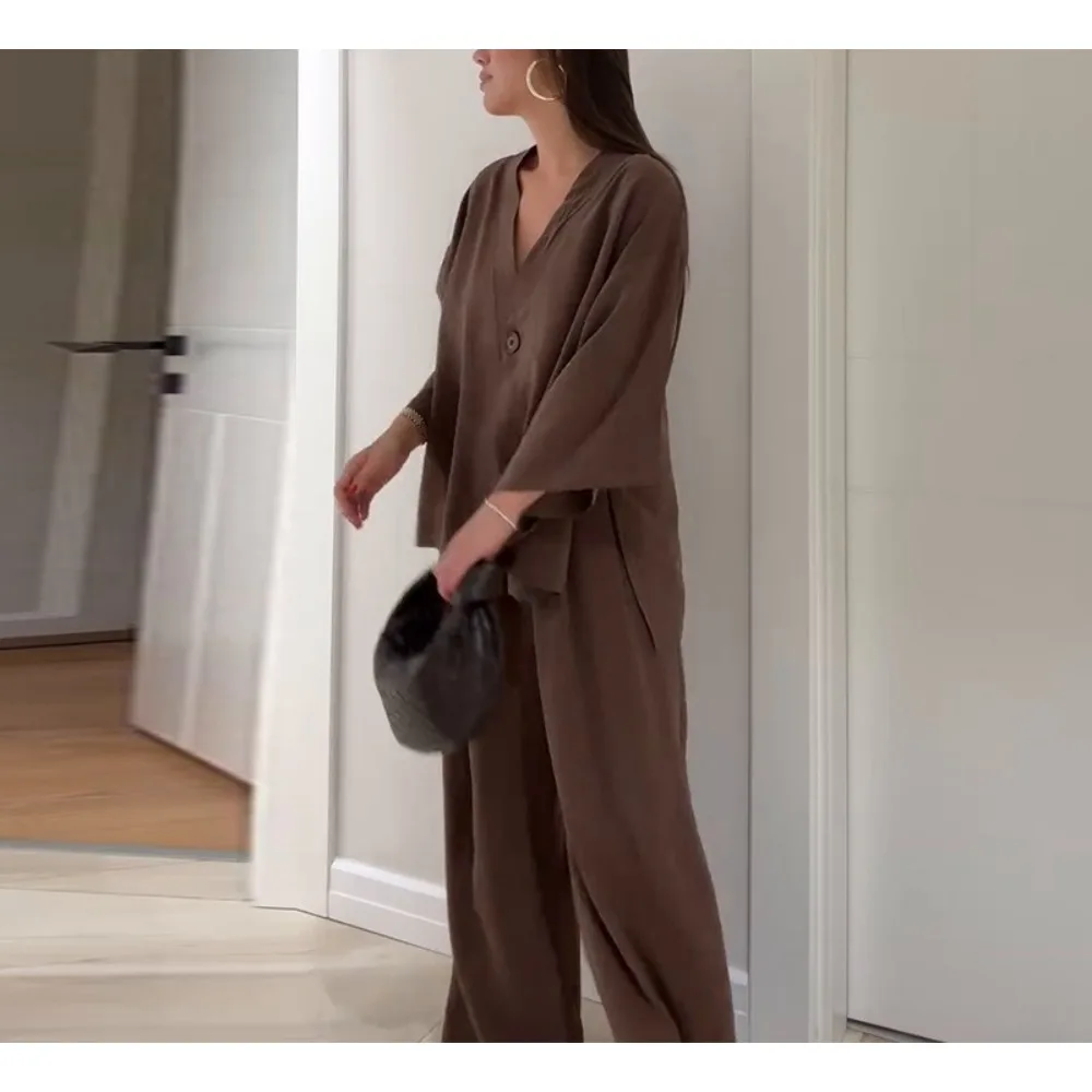 TWOTWINSTYLE solide ample deux pièces ensemble pour les femmes col en V à manches longues haut taille haute Pnt ensembles femme mode Style