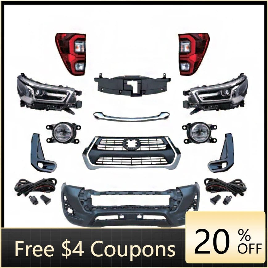 

yzhgbBody Kit Headlights Rear Taillights Grille Front Bumper Fog Light Fog Light Frame for 16-20 HILUX Upgrade 2021 HILUX