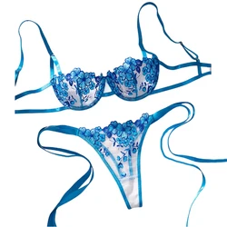 Romantic Lingerie Sexy Woman Underwear Floral Embroidery Bra Kit Push Up Mesh Sexy Outfits Transparent Underwear Erotic Bilizna