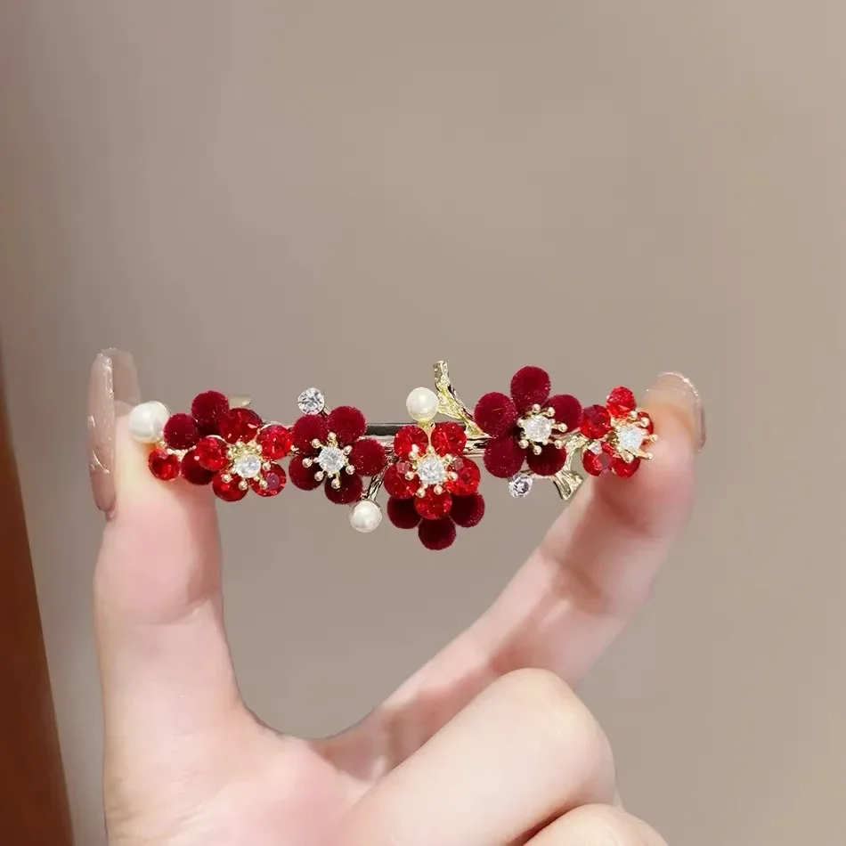 Strass Rot Samt Blume Haarnadel Temperament frauen Hinterkopf Halb gebunden Frühling Clip Herbst und Winter Haar Zubehör