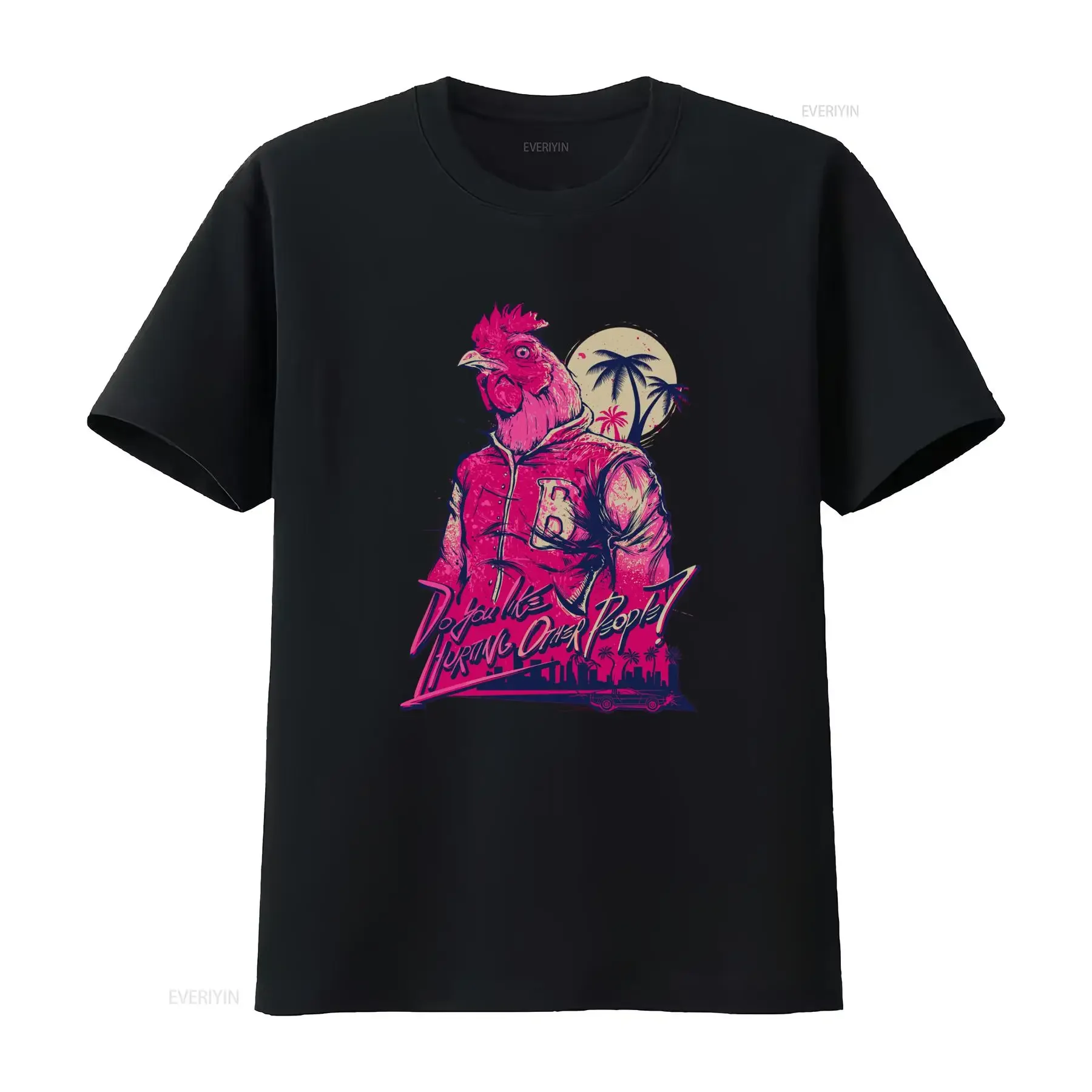 Hotline Miami Gaming T Shirt Richard Indie Stylish Rooster Print with Cityscape and Palm Trees Perfect for Trendy Gamers