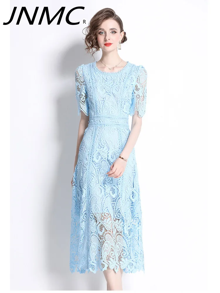 

JNMC Ladies Elegance French Blue Lace Short-sleeved Dress Crew Neck Hollow Out Advanced Tea Break Skirt 2024 Spring/summer