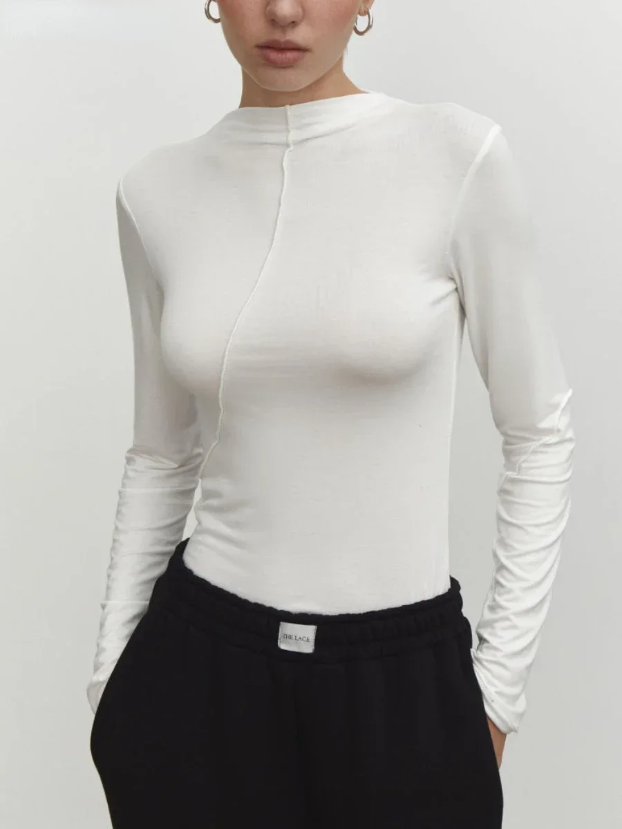 

Blubelle Splice Slim Fit Long Sleeve Women T-shirt Spring Summer Fashion Chic Half Turtleneck Basic T Shirt Streetwear Tees