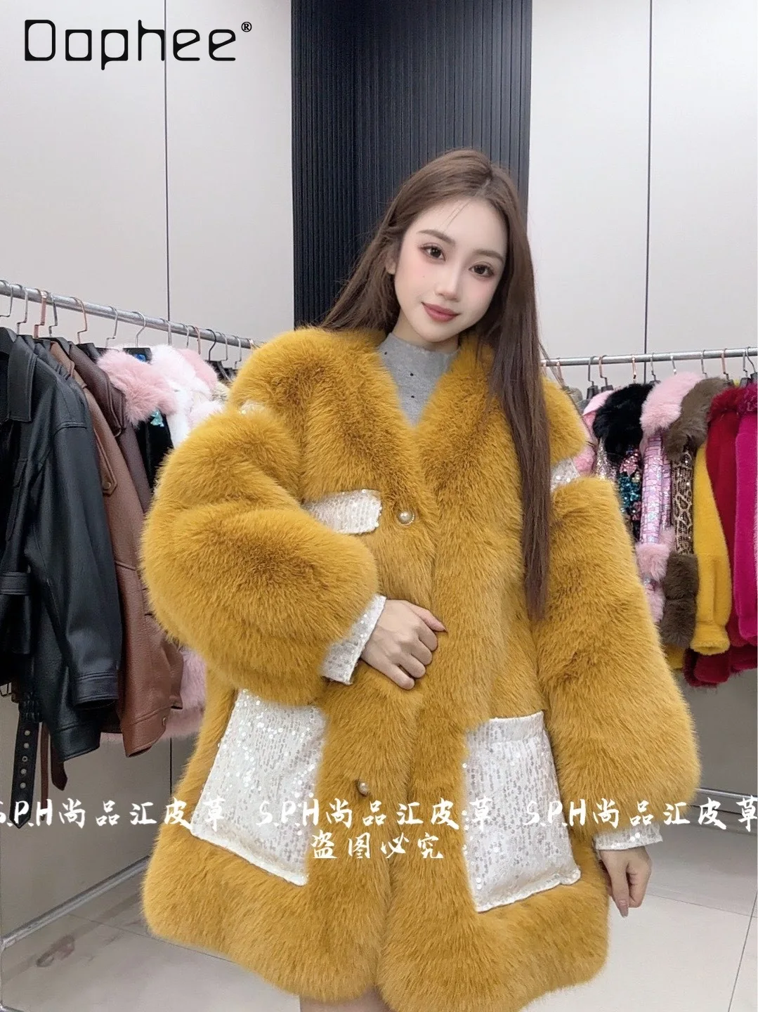 

Detachable Long Sleeve Women's Winter Thick Heavy Sequin Faux Fur Coat 2025 Winter Coat Women Pocket Sequin Pink Jacket