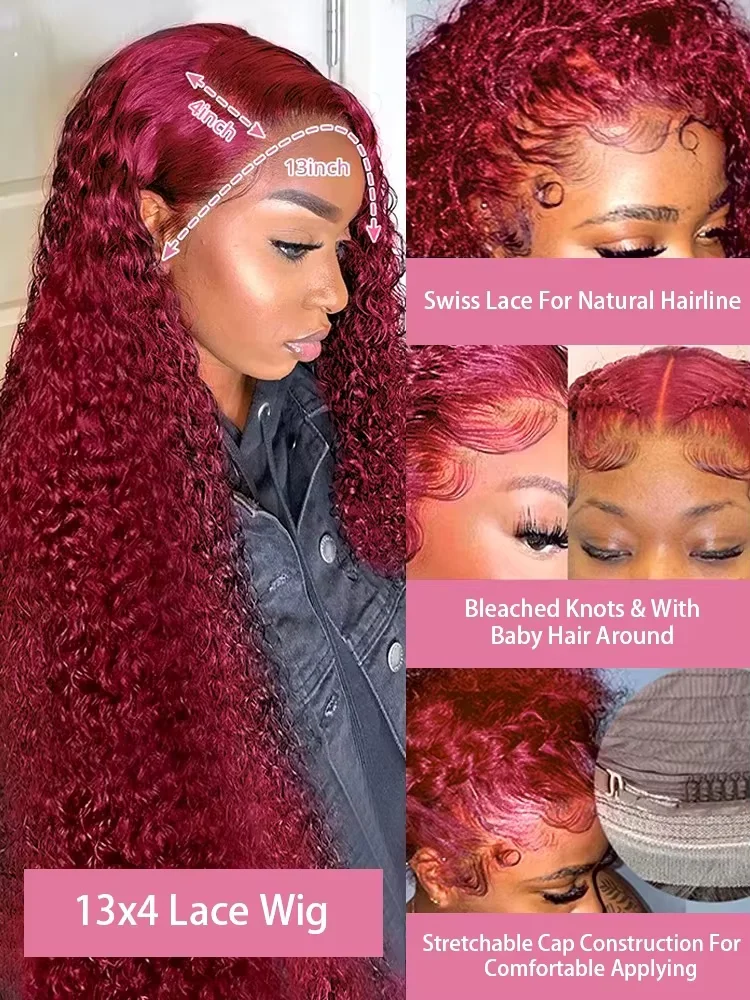 250 Density 13x4 Curly 99J Burgundy Lace Front Wig Red Wine 30 Inch Deep Wave Brazilian HD Glueless Lace Frontal Human Hair Wigs image 5