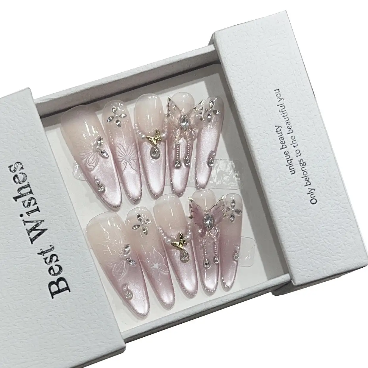 

Stylish Pink Cat Eye False Nails Dreamy Handmade Fake Nails Diamond Full Cover Nail Art for Women