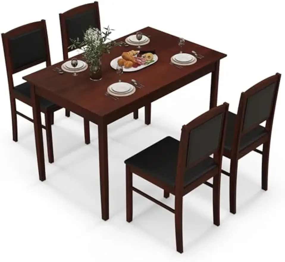 Juego de mesa de comedor de granja para 4, juego de comedor de madera maciza con patas de madera de caucho, asiento tapizado y respaldo acolchado, comedor moderno Ta