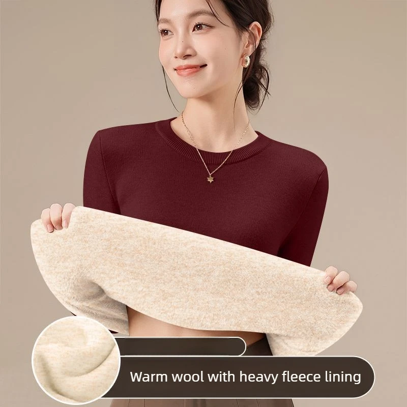 T-shirt à manches longues chaud pour femmes, automne-hiver, sous-vêtements thermiques épais, col rond, en velours de laine, haut de base