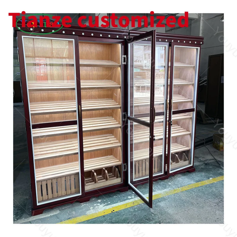 (customized)Custom Glass cigar display cabinet cigar humidor modern Led Lighting Wooden Lockable cigar closet Shop Showcase