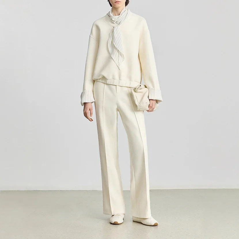 ชุดเซ็ท 2 ชิ้น เสื้อแจ็คเก็ตขนนุ่มพิเศษ แขนยาวทรงบาน ลายทาง สำหรับฤดูหนาว สไตล์ลำลอง พร้อมเสื้อสเวตเชิ้ตแขนยาวทรงหลวม+กางเกงขายาวทรงตรง