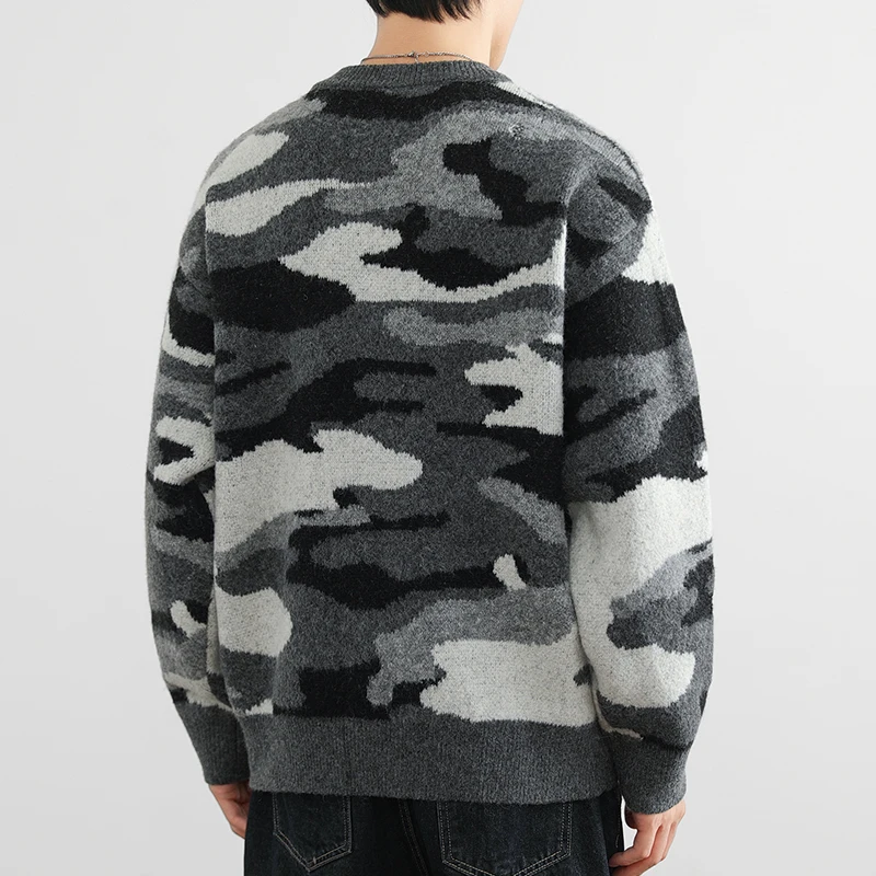 Moda camisola para homens o-pescoço fino ajuste pullovers camuflagem impressão malhas grosso quente inverno casual roupas masculinas jumper