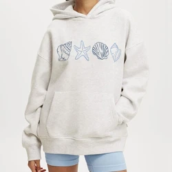 Women's Y2K Cute Preppy Kawaii Loose Fit Hooded Sweatshirts Aesthetic Sea Shell Embroidery Pullover Tops with Kangaroo Pockets