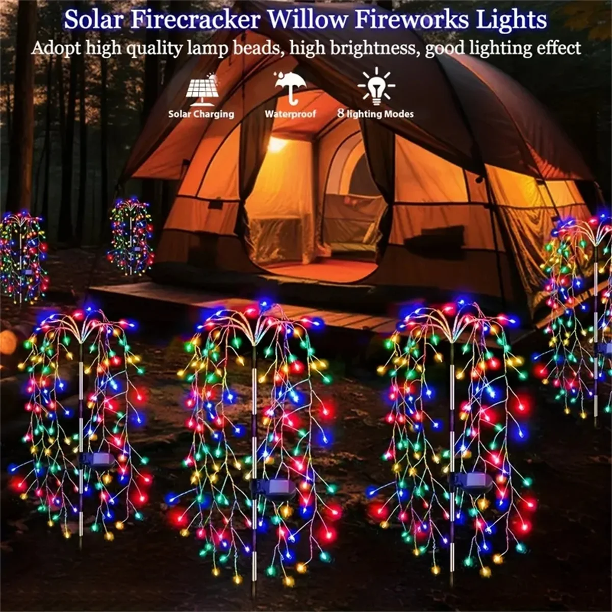 1PC Solar Firecracker Fireworks Garden Lights 100 LEDs 8 Modes Outdoor Waterproof For Patio Garden Pathway Christmas Decoration