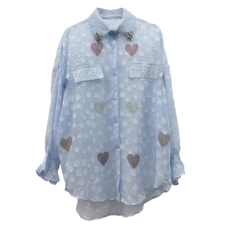 WTHT Mode Vrouwen Zware Industrie Harten Diamanten Chiffon Shirt 2025, Zomer Trendy Revers Lange Mouwen Zonnebrandcrème Kleding 1LS1813