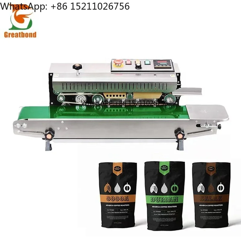 FR-900 Stainless Steel Continuous Heat Band Sealer Automatic Printing Film Kraft PE Plastic Pouch Horizontal Sealing Machine