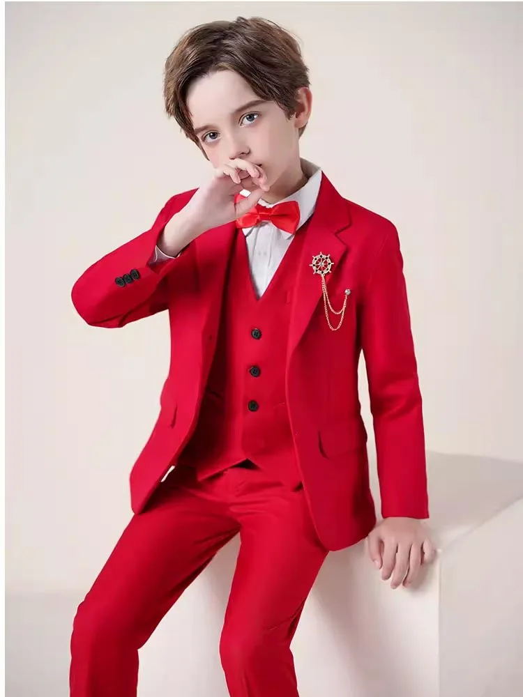 Chaqueta para niños, chaleco, pantalones, pajarita, disfraz de ceremonia, traje de fotografía ajustado rojo para niños, vestido de esmoquin para boda y cumpleaños, 4 Uds.