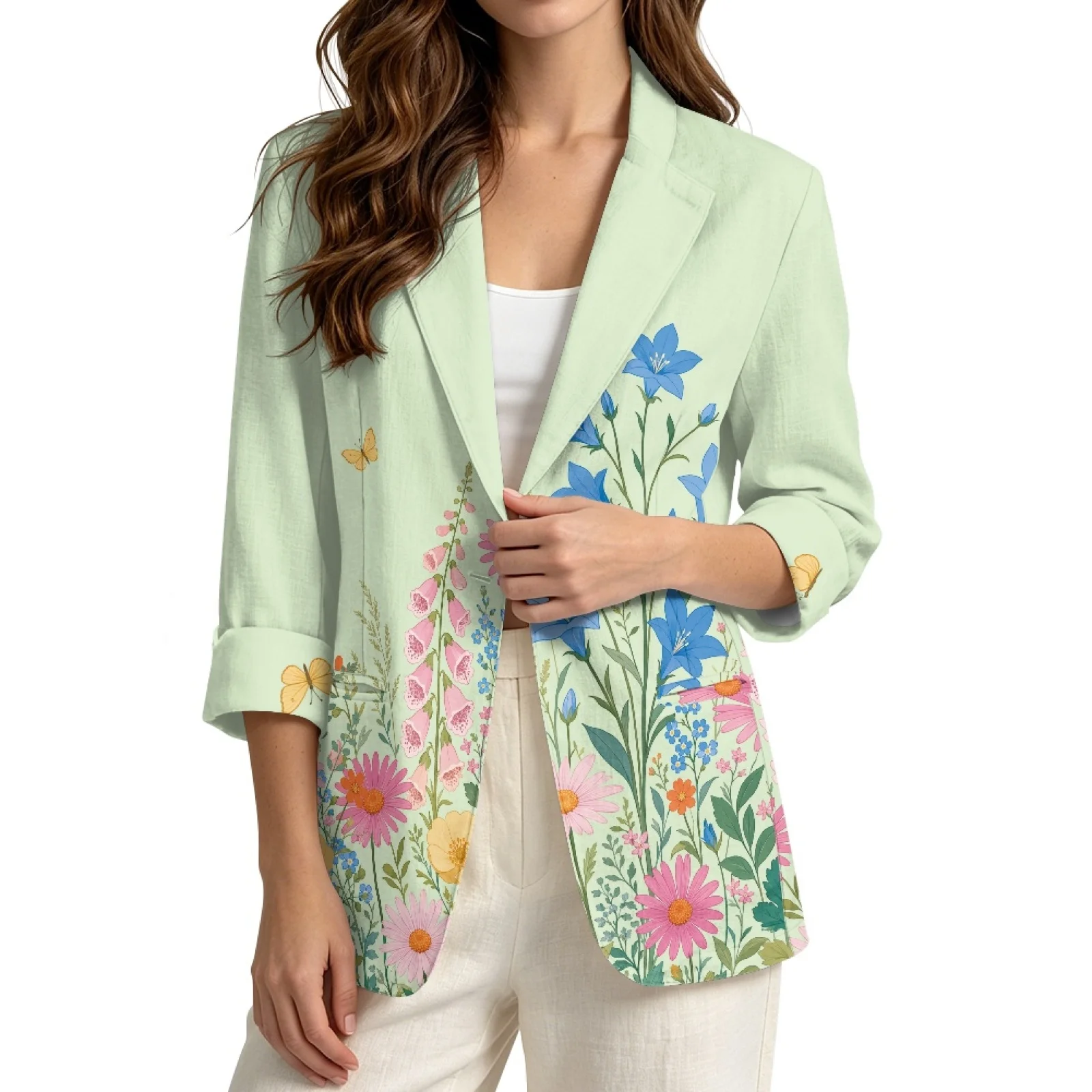 PENSTROLL Wildflower Butterfly Print Open Front Button Cardigans S-3XL Linen Style for Women Beach Outing Top with Pockets