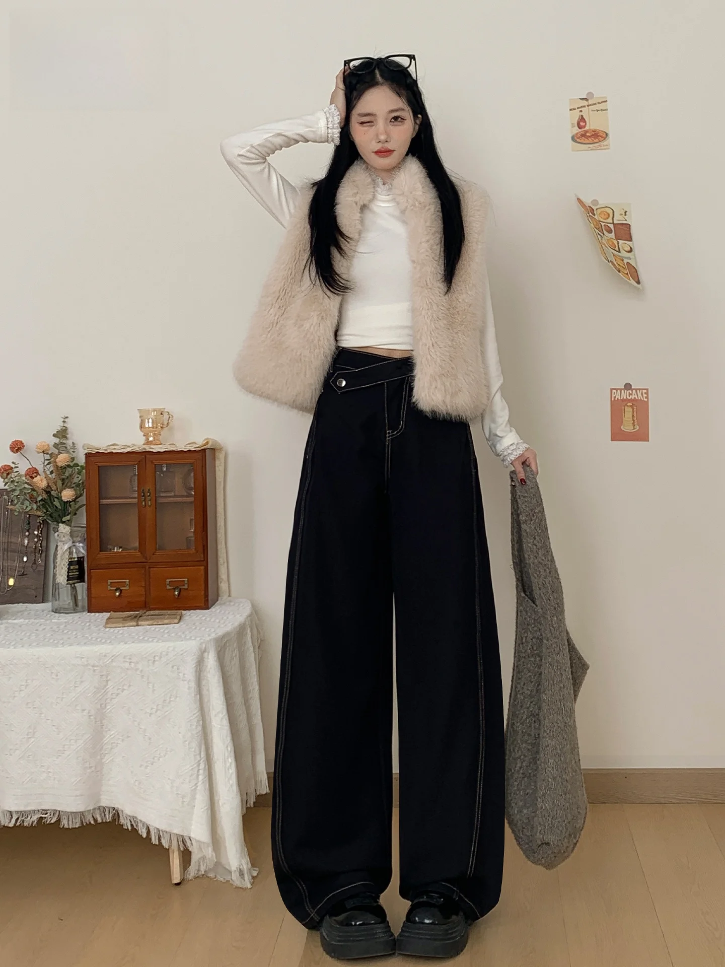 

Американские джинсы с высокой талией и широкими штанинами для женщин, летние, свободные, стройнящие, прямые, повседневные, свободного кроя