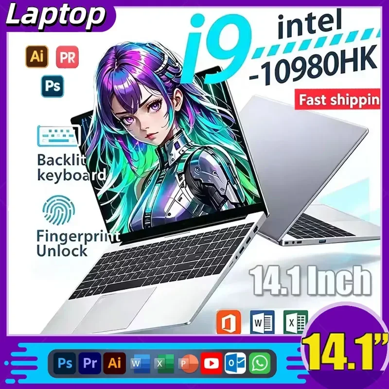 New 14.1" Laptop Intel Core I9-10980HK 32GB 2TB Gaming PC Ultra Slim Office Study Computer PC Windows 11 Pro 1920*1080 HD