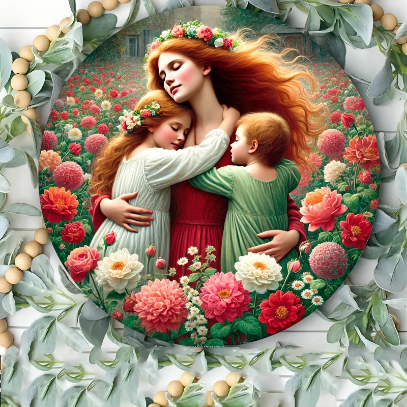 

Mother Child Embrace Floral Round Metal Wall Art For Home Cafe Farmhouse Decor