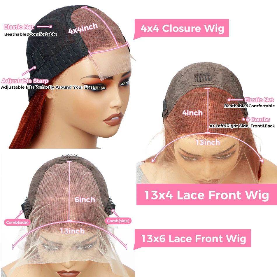 Reddish Brown Lace Wigs Human Hair 4x4 Lace Closure Wigs Straight Hair Transparent Lace Wigs Brazilian Hair  Lace Wig For Women