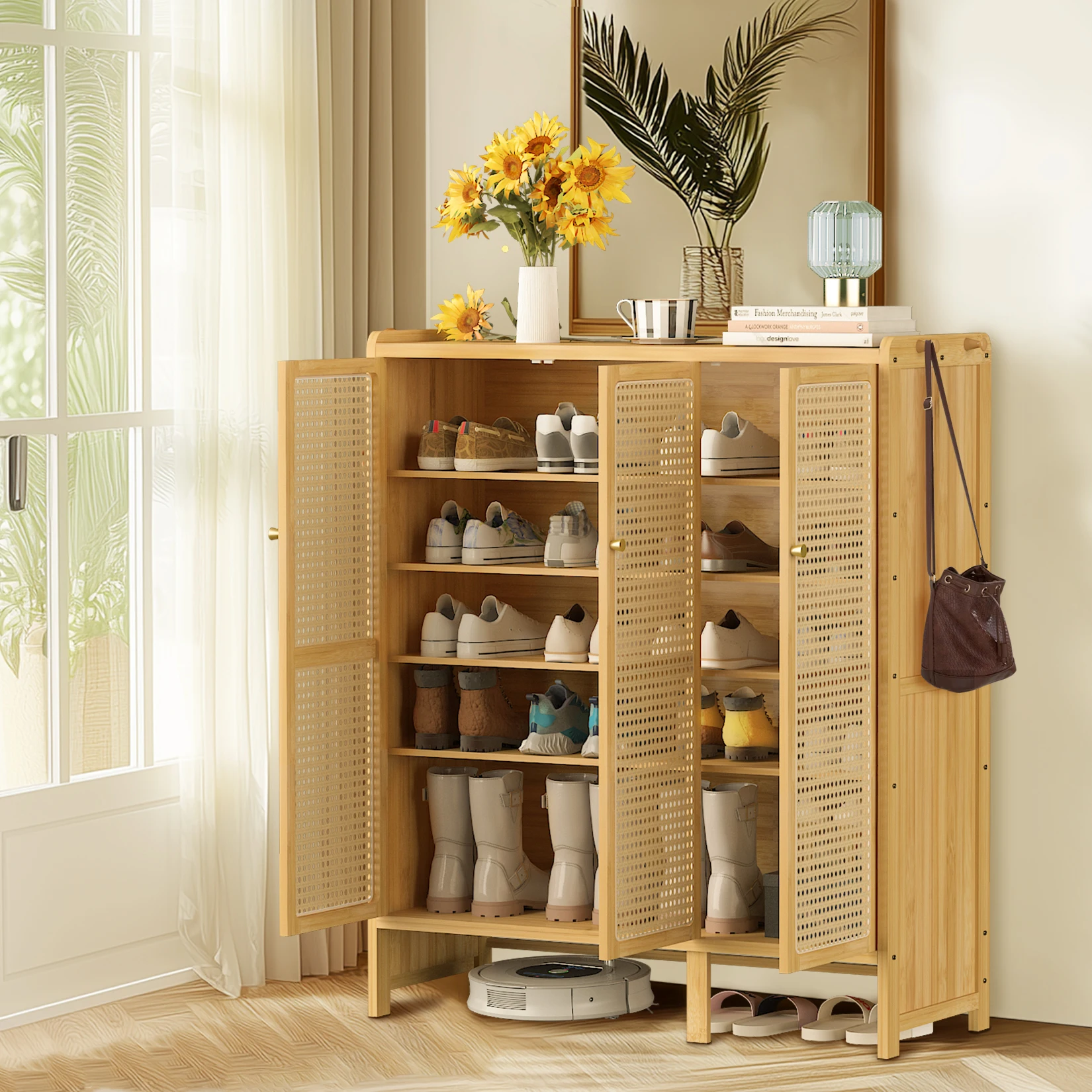 Bamboo Shoe Cabinet 20 Pairs Shoe Storage Organizer Cabinet 3 Hollow Doors 6 Tier Storage Shelves for Entryway, Hallway, Closet