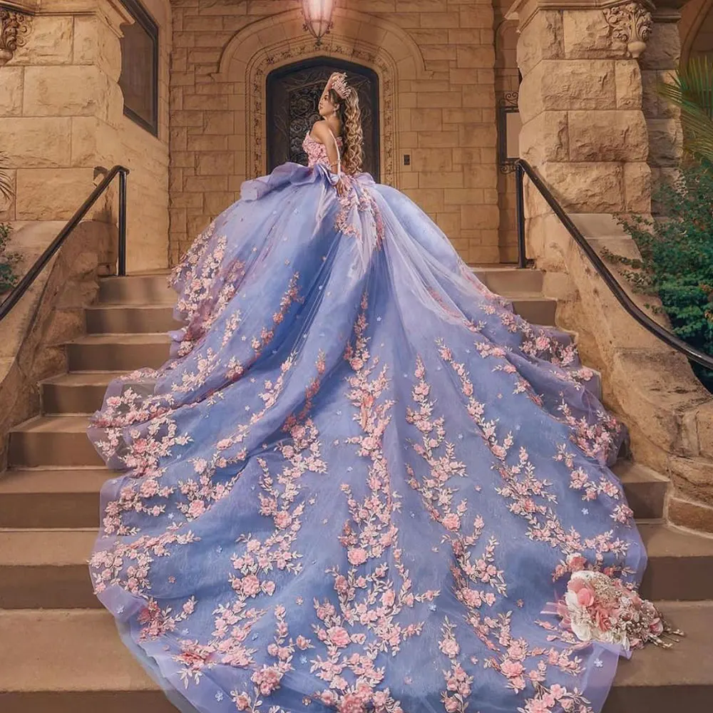 Vestido para Quinceañera, traje De baile azul con escote Corazón, flor, hombros descubiertos, dulce 16, cola larga, talla grande, 15, 2024