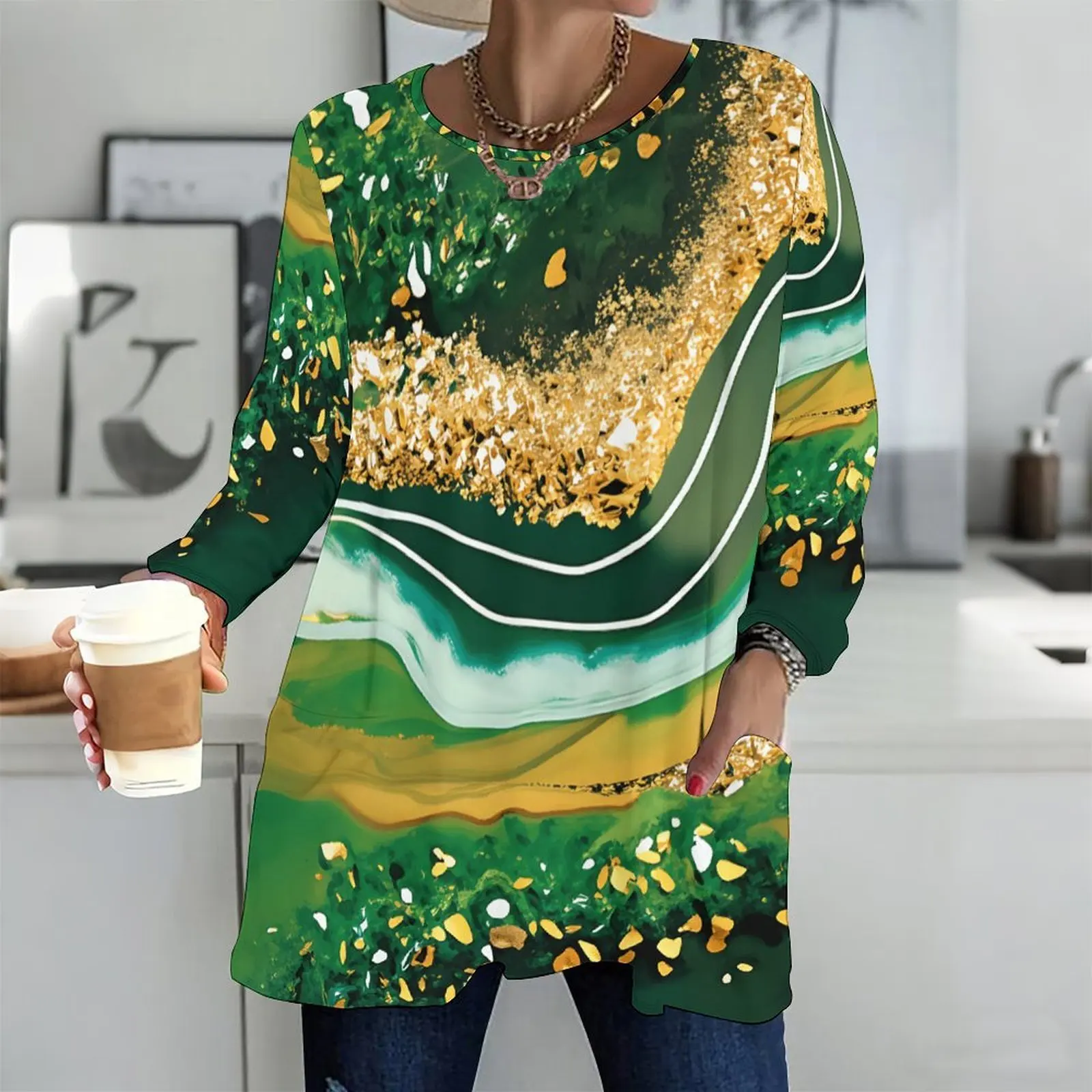Printed Top for Women Round Neck Long Sleeve Front Pockets Loose Fit Longline 4