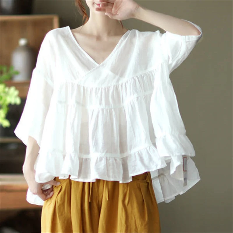 

Cotton Linen Solid Color Retro Simple Blouse Shirts Women Summer Casual Ruffle V-neck Half Sleeve Loose Top Female Clothing 2022