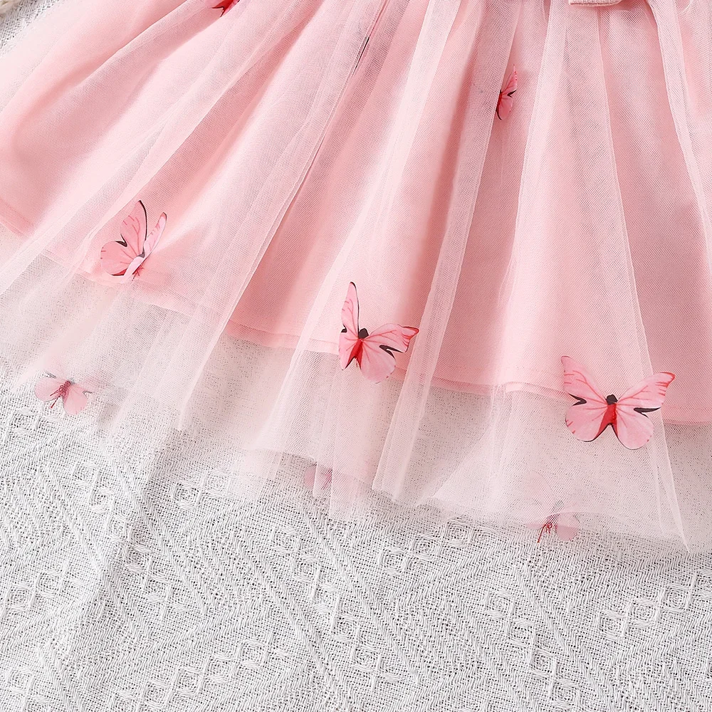 (0-3 years old) Autumn new girls dress round neck long sleeve bow mesh dress butterfly pattern Birthday party team dress solid\\