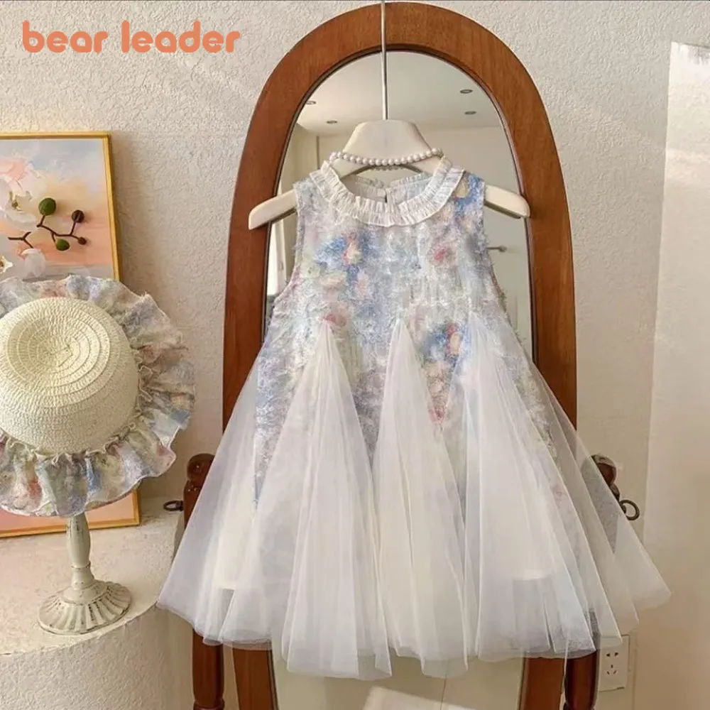 Bear Leader Summer Sweet and Cute Princess Girls Dresses Color Blocked Mesh Sleeveless Wedding Party Bridesmaids Children Dress
