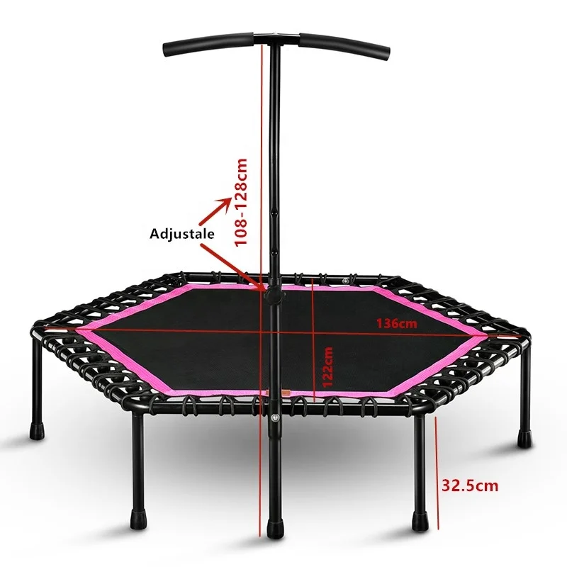 48 Inch Hexagonal Muted Fitness Trampoline with Adjustable Handrail for Indoor GYM Jump Sports Adults Kids Safety