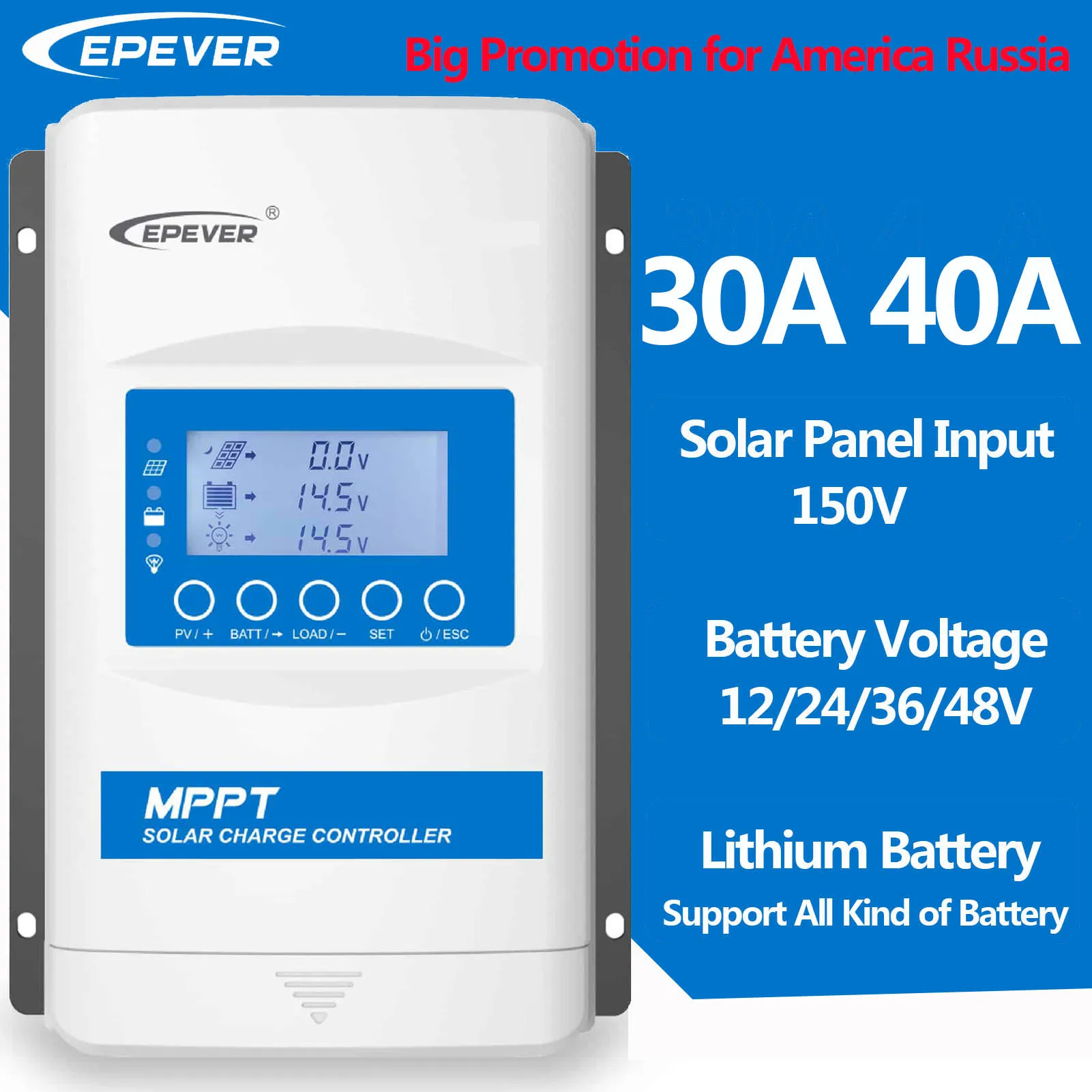 EPEVER XTRA 30A 40A MPPT Solar Charge Controller Max PV VOC 150V