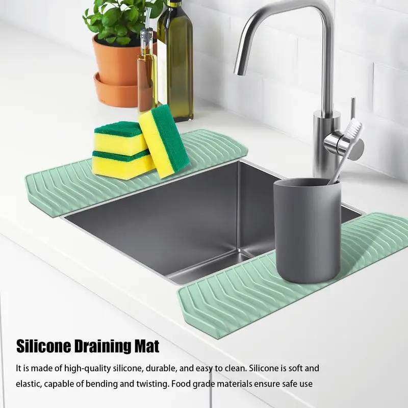 Silicone Drying Mat Foldable Kitchen Dish Drainer Non-Slip Faucet Splash Guard And Slopes Hole Faucet Handle Drip Catcher Tray