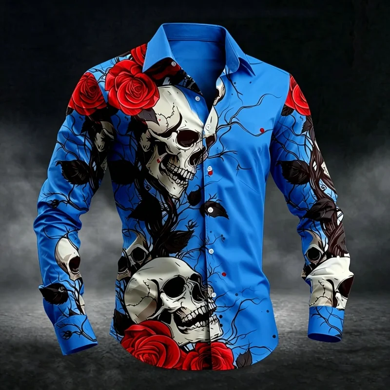 Men Stylish Button‑Up Shirt Vintage Skull Art Print Long Sleeve Turn‑down Collar Trendy Street Festival Night‑out Casual Top