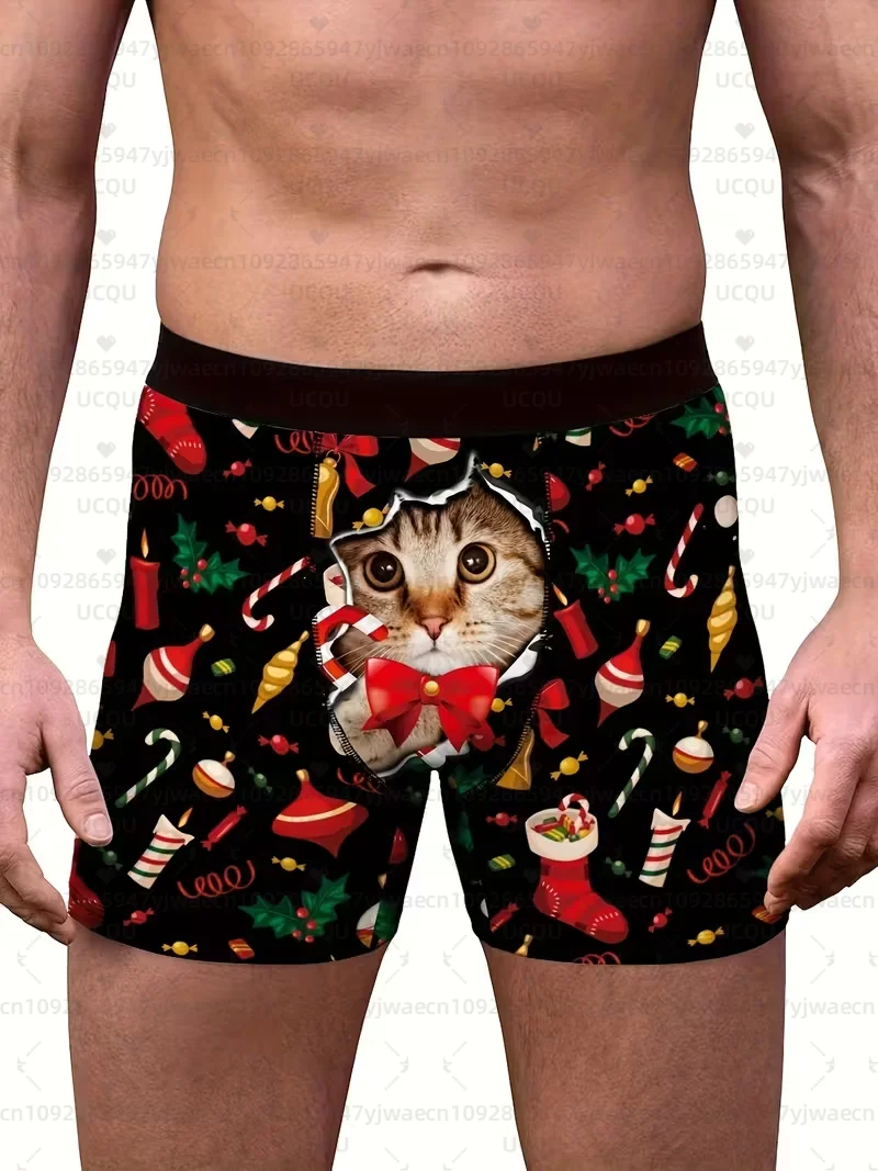 

1 Pc Men's Christmas Cat Print Stretchy Boxer Briefs Comfy & Quick- Drying & Breathable Underwear Boxer Brief