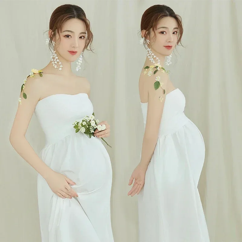 

Maternity Women Photography Props White Elegant Pregant Tube Top Dress Pregnancy Dresses Studio Photoshoot Photo Dress