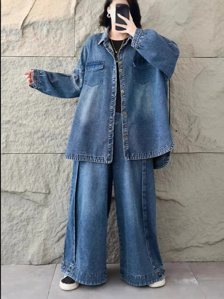 

Джинсовый комплект из двух предметов для женщин: ретро-куртка средней длины и прямые брюки с эластичным поясом, свободный крой