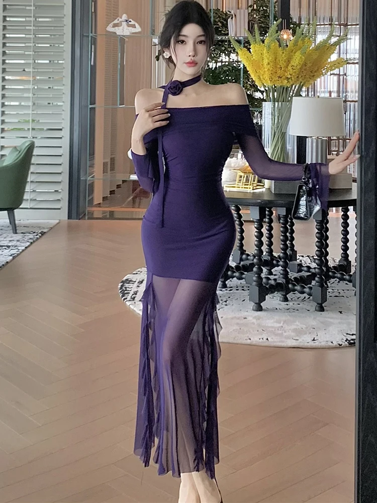 2025 Viola Maglia Patchwork Sheer Sexy Increspato Abito Lungo Donne Elegante Slash Neck Vestito Sexy Autunno Inverno Coreano Vestito Aderente