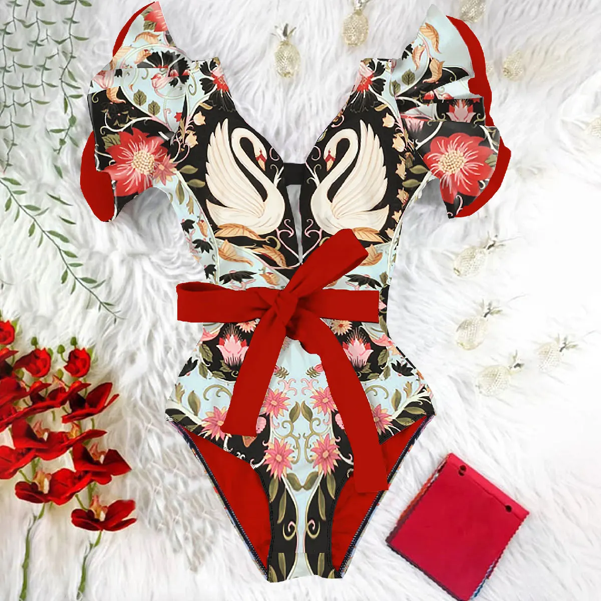 2025 Sexy Print One Piece Swimsuit Women Push up Monokini Ruffle Swimwear Bathing Suit Summer Beach Fashion for Females