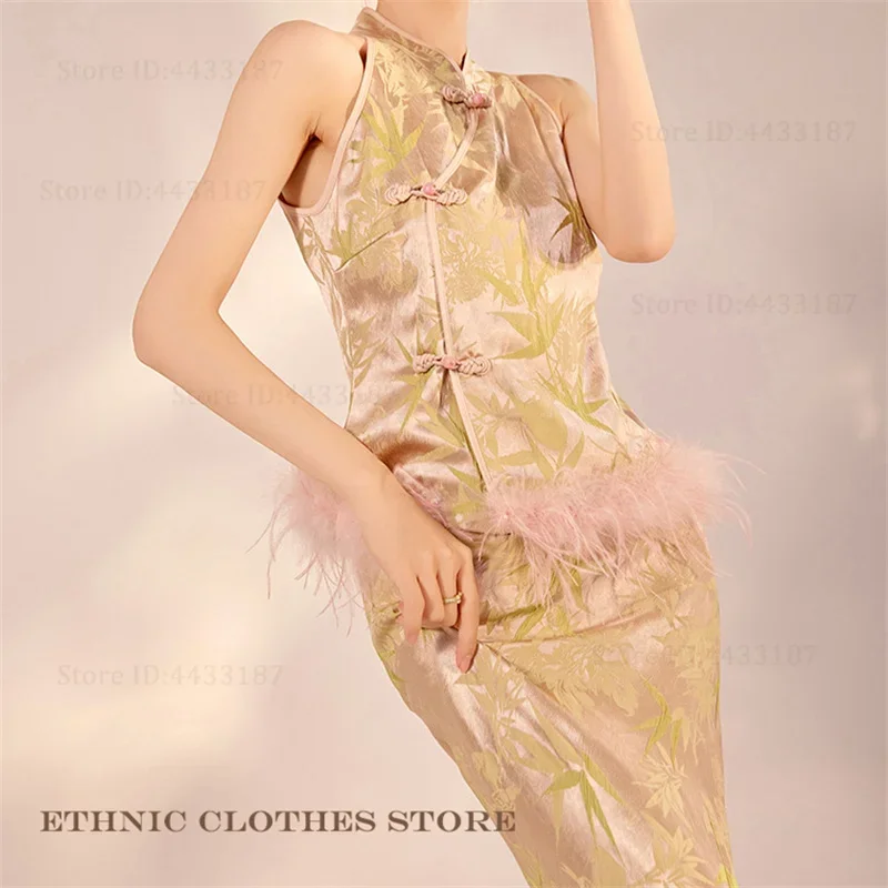 

Elegant Jacquard Female Tang Suit Qipao Luxury Chinese Style Blouse with Feathers Fishtail Skirt Sexy Slim Sleeveless Cheongsam