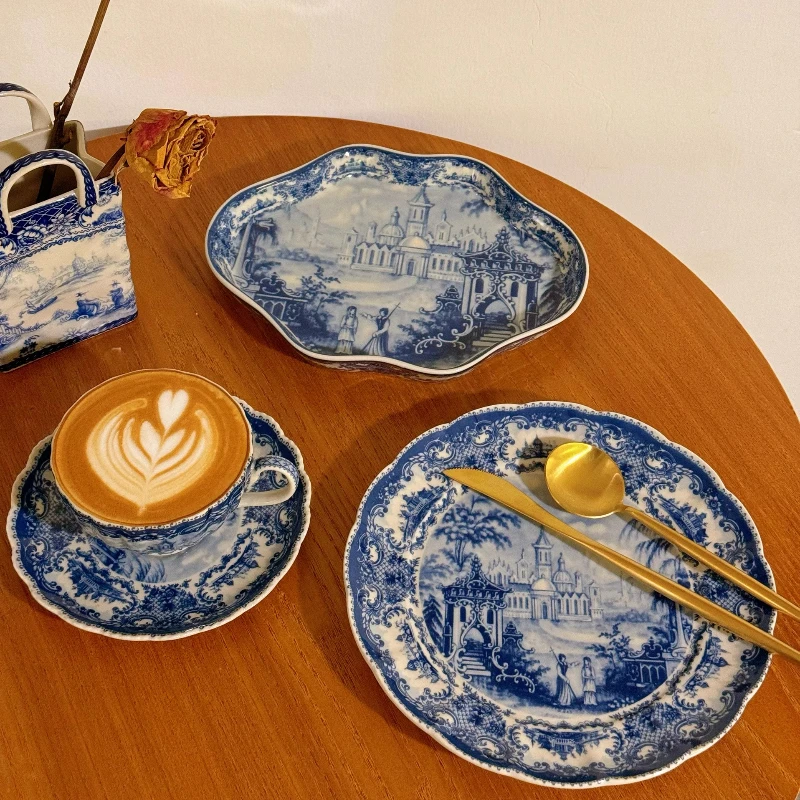 HandPainted Blue Willow Castle Underglaze Porcelain Plates Vintage Collectible Dinnerware Dessert Plates for Fine Dining