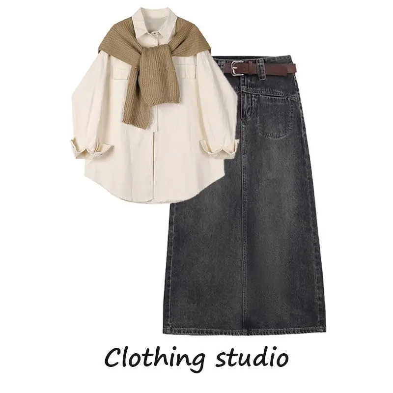 

Spring Summer Korean Sle Women's Faion Set Casual irt And Slimming Denim Skirt Two-Piece Suit Vintage Youthful