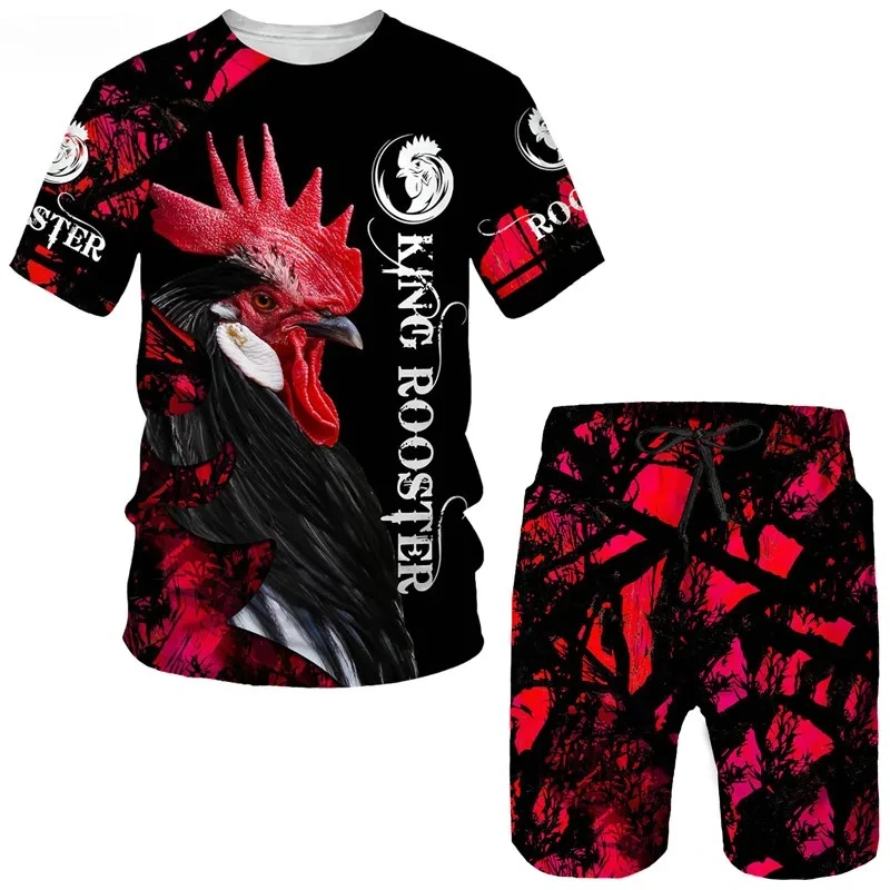 2025 Chicken Rooster Animal Men's 3D Printing Summer Men's Leisure Sports Set Fun Hunting Chicken Camo T-shirt Shorts Set